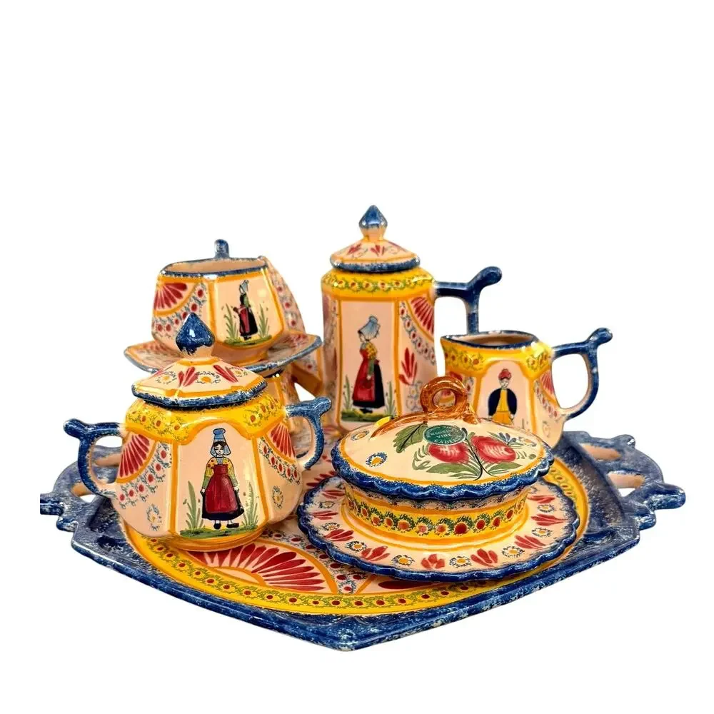 French Vire Faience Vintage Tray Teapot Cups Sugar Cream Covered Dish-9 PC Set - Picture 8 of 14